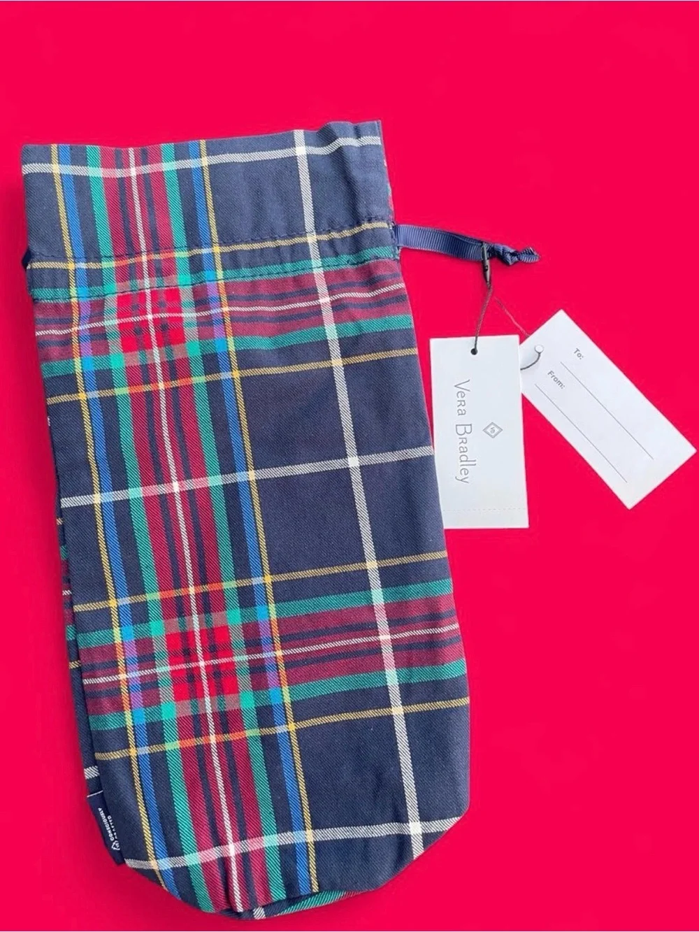 Vera Bradley fabric Wine drawstring gift bag  Navy Plaid
